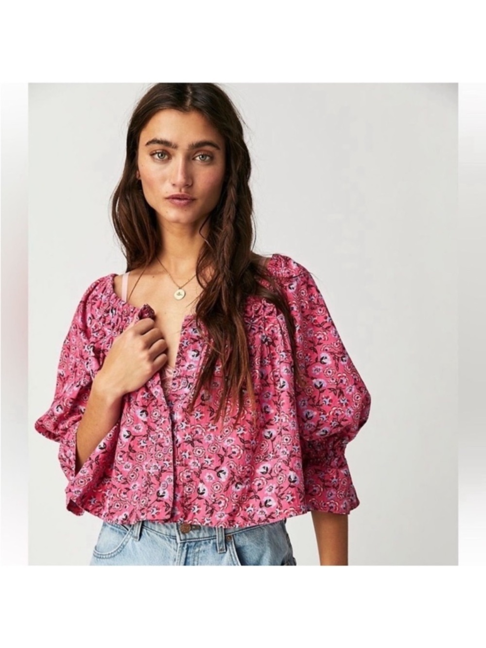 Off-Shoulder Floral Peasant Top in Light Blue